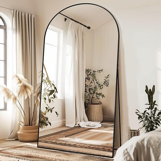 Antok Oversized Full Length Mirror with Stand, 91"x46" Arched Floor Mirror, Aluminum Frame, Wall Mounted/Leaning/Free Standing, Large Body Mirror for Bedroom Living Room Entryway Dressing Room,Black