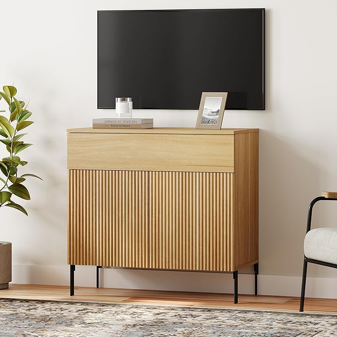 WAMPAT Fluted TV Stand TVs up to 35", 31.5" W Modern TV Entertainment Center with Storage Cabinets and 1 Drawers & 2 Doors, Wood Media TV Console Table with Storage for Living Room, Oak