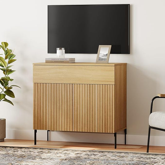 WAMPAT Fluted TV Stand TVs up to 35", 31.5" W Modern TV Entertainment Center with Storage Cabinets and 1 Drawers & 2 Doors, Wood Media TV Console Table with Storage for Living Room, Oak