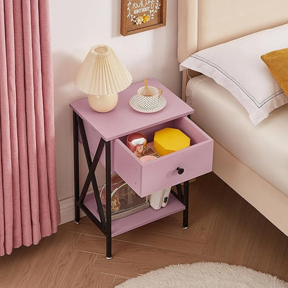 VECELO Nightstand,Modern Bedside End Table, Night Stand with Drawer and Storage Shelf for Living Room Bedroom, Industrial Metal Frame