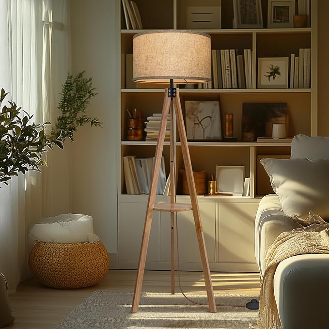 EOEYYOYB Floor Lamps for Living Room, Modern Standing Lamp with Shelf, 3 Color Temperature Led Bulb Tall Lamps with Foot Switch for Bedroom and Office, Burlywood