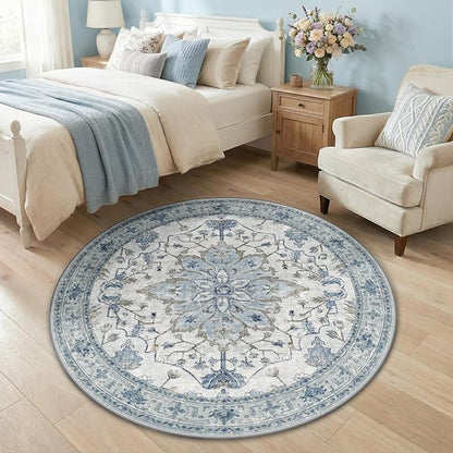 RELEANY Area Rugs Round 4ft Washable Non-Slip, Floral Vintage Distress Print Pattern Medallion Carpet for Living Room Bedroom Dining Room, Light Blue Navy Beige Gray White
