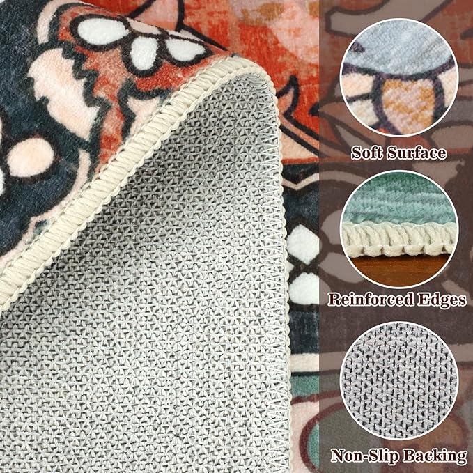 Tiger Washable Rugs for Living Room 4x6Ft, Boho Jungle Bedroom Area Rugs, Thin Botanical Entryway Nursery Area Floor Carpets for Dorm Dining Room Kids Playroom Study Farmhouse, Rust Red