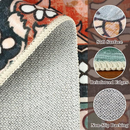Tiger Washable Rugs for Living Room 4x6Ft, Boho Jungle Bedroom Area Rugs, Thin Botanical Entryway Nursery Area Floor Carpets for Dorm Dining Room Kids Playroom Study Farmhouse, Rust Red