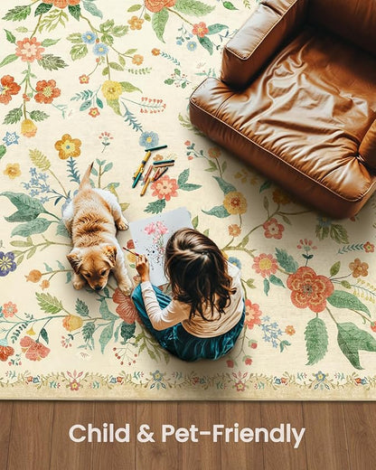 Amada 5x7 Area Rugs, Non-Slip & Low-Profile Living Room Rug with Reinforced Edge Binding, Soft Large Washable Boho Floral Rugs for Living Room, Bedroom, Dining Room