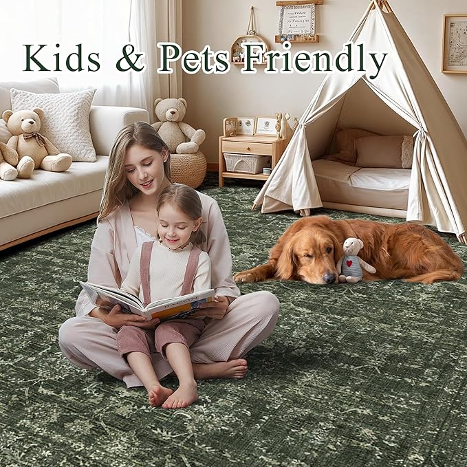 Washable Area Rug 2x6 Green Runner Rugs for Living Room, Vintage Boho Hallway Large Rug for Bedroom Dining Room Office, Distressed Floral Carpet for Under Table, Soft Non Slip Low Pile Throw Carpet