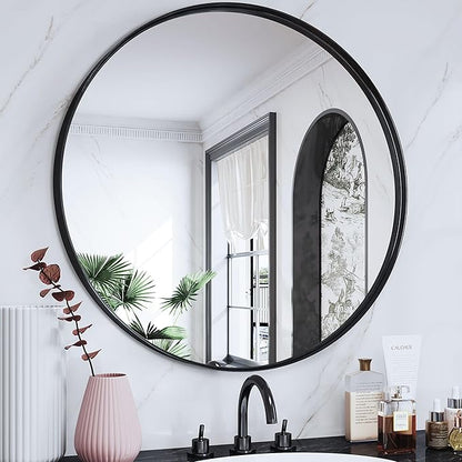 Suidia 30" x 30" Bathroom Mirror, Bathroom Vanity Mirror Metal Framed, Wall-Mounted Mirrors for Bedroom, Living Room, Entryway, Hallway, Black, Round Style