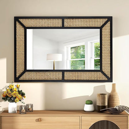 Rattan Mirror for Wall Decor Bohemian Rectangular Large Mirror 35.5" x 23.6", Farmhouse Decorative Wall-Mounted Mirrors, Hanging Mirrors, Woven Wicker, Black Wood Frame