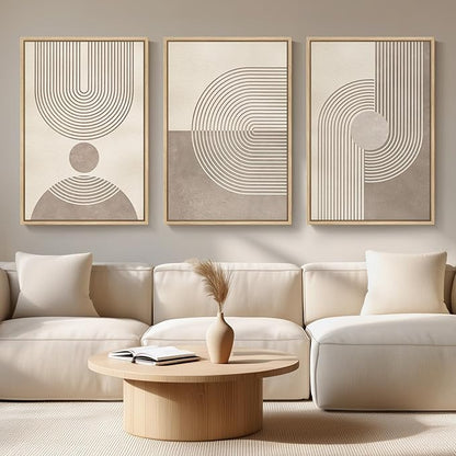 Large Framed Neutral Modern Wall Art for Living Room, 3 Piece Minimalist Boho Abstract Canvas Artwork for Walls, Mid Century Geometric Paintings Prints for Hallway Dining Room Wall Decor, 24x36 Inch