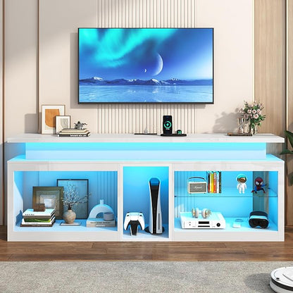 71" LED TV Stand with Power Outlet,60-Colors LED Lights For 65 70 80 in TV,High Gloss Gaming Entertainment Center w/Adjustable Shelves,White TV Console with Modern Design for Living Room Bedroom