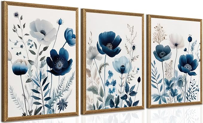 DUWQU 3 Pcs Blue Floral Canvas Wall Art, Wood Framed Navy Blue Wildflower Lily Daisy Wall Decor, Watercolor Botanical Flower Home Poster Art Prints for Living Room Bedroom Bathroom 12×16 Inches