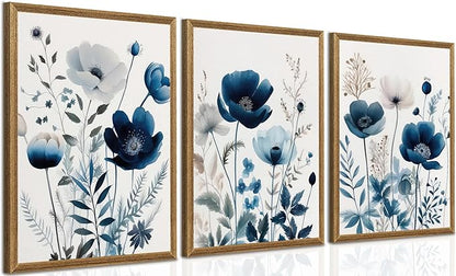 DUWQU 3 Pcs Blue Floral Canvas Wall Art, Wood Framed Navy Blue Wildflower Lily Daisy Wall Decor, Watercolor Botanical Flower Home Poster Art Prints for Living Room Bedroom Bathroom 12×16 Inches