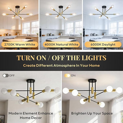 Modern Sputnik Chandelier Ceiling Light Fixtures, 6-Lights Mid Century Industrial Metal Semi Flush Mount Lamp for Bedroom Dining Room Living Room Kitchen Hallway Office-Black and Gold