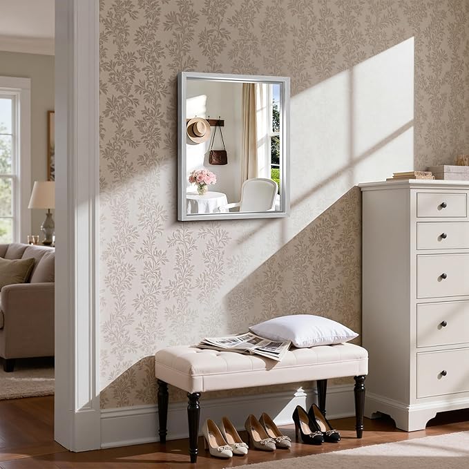 CIRCUMI 18"x24" Silver Mirror with Chunky Box Metal Frame, Brushed Finish Rectangular Bathroom Mirrors for Over Sink, Living Room, Entryway, Tempered Glass Mirror for Wall, Vertical or Horizontal
