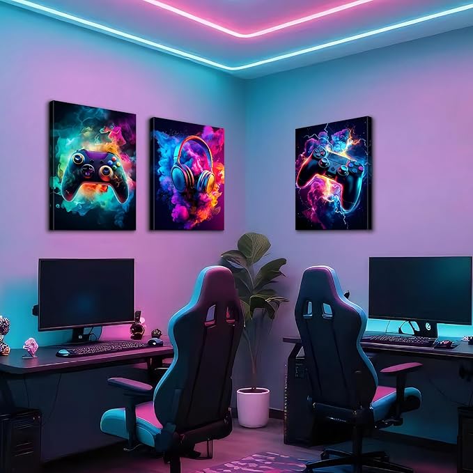 WENGTIAO 3Pcs Framed Gaming Canvas Wall Art Prints Cool Video Gamer Painting Neon Gamepad Headphones Posters Colorful Game Controller Pictures Esports Artwork for Teen Boys Bedroom Play Room 16x24in