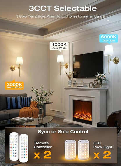 CLOUDY BAY 10000mAh Battery Operated Wall Sconces,Up to 100 Hours with Rechargeable RGB Dimmable Magnetic Bulb,Cordless Wall Lighting Fixtures with Remote for Bedroom,Soft Gold,2 Pack-18.6inch