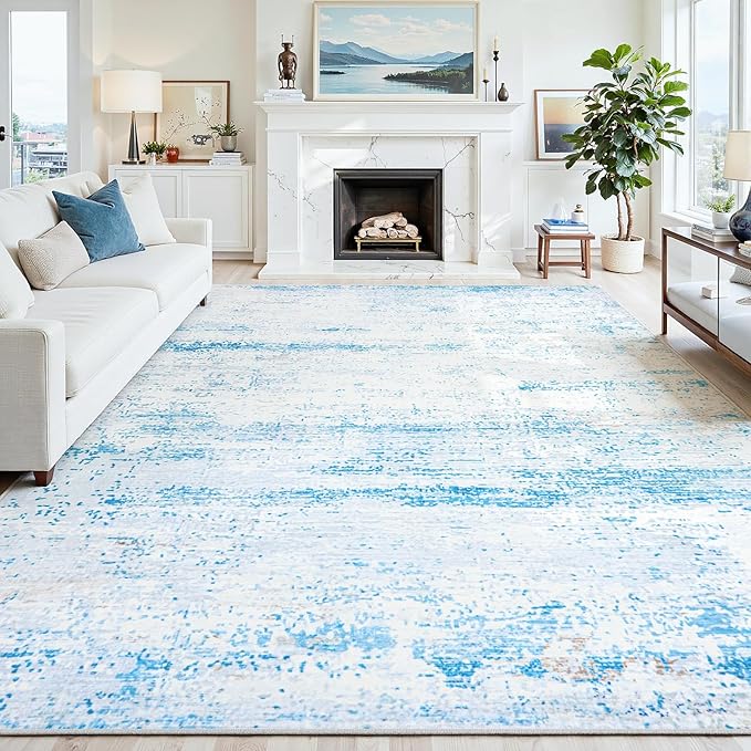 8x10 Area Rugs Washable Rug:Anti-Skid Abstract Modern Living Room Rug Soft Thin Carpets Indoor Floor Non-Shedding Carpet for Bedroom Dining Farmhouse Nursery Home Office(Light Blue/White/Beige, 8x10)