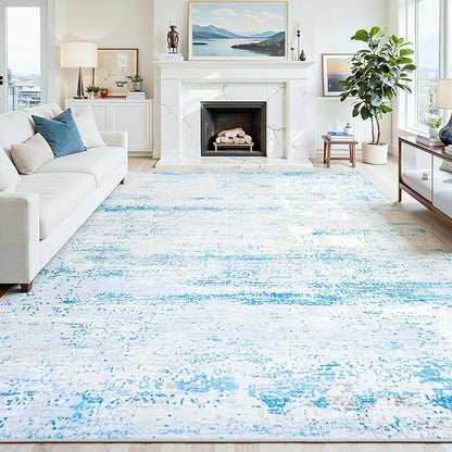 6x9 Area Rugs Washable Rug:Anti-Skid Abstract Modern Living Room Rug Soft Thin Carpets Indoor Floor Non-Shedding Carpet for Bedroom Dining Farmhouse Nursery Home Office(Light Blue/White/Beige, 6x9)
