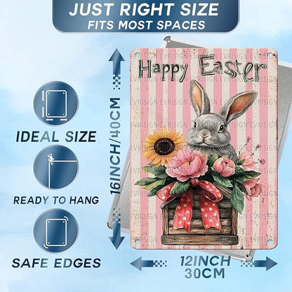 Easter Bunny Flower Basket Metal Tin Sign“Happy Easter” Retro Vintage Art Wall Plaque Spring Decor for Homes, Living Rooms, Gardens 12x16Inch