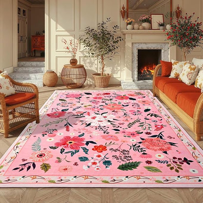 Macgace 6x9 Pink Floral Rug for Living Room, Machine Washable Area Rugs with Non Slip Backingfor Girls Bedroom, Cute Flowers Carpet Kitchen Dining Room Kids Playroom Decor