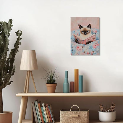 Framed Cat Reading Book Canvas Wall Art, Cute Pink Siamese Cat Wall Decor Print Painting, Funny Animal Lovers Picture for Bedroom Living Room Kids Room Girls Room Home Decor 16x24 Inch
