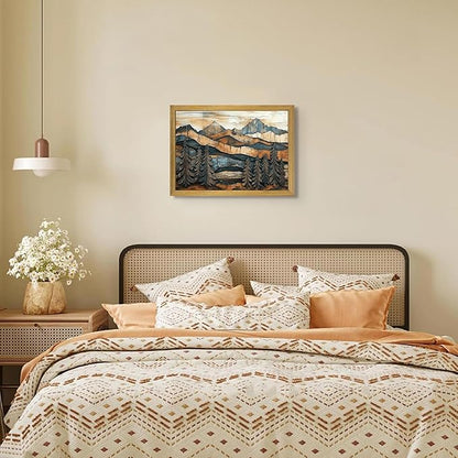 Vintage Boho Mountain Wall Art, Framed Landscape Canvas Wall Art, Nature Forest Wall Decor, Rustic Farmhouse Print Poster Painting for Living Room Bedroom Dining Room 12x16 Inch