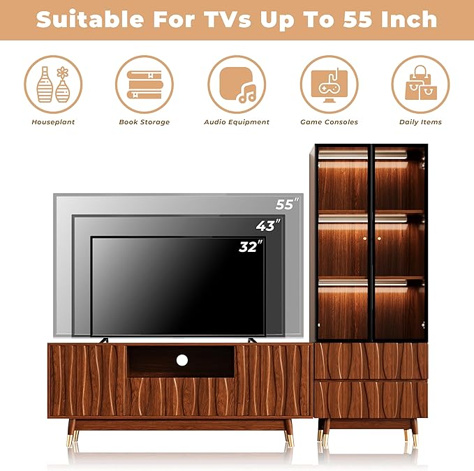 78'' Walnut Finish Entertainment Center for 32/43/55 inch TV, Included 55'' TV Stand and Glass Display Cabinet, 2-Piece Brown Mid Century Modern Wood Media Console for Living Room