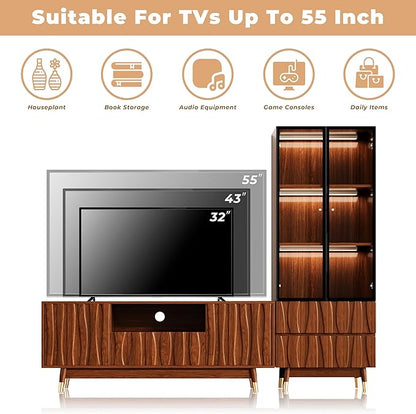 78'' Walnut Finish Entertainment Center for 32/43/55 inch TV, Included 55'' TV Stand and Glass Display Cabinet, 2-Piece Brown Mid Century Modern Wood Media Console for Living Room