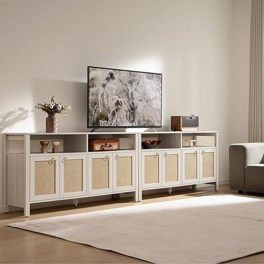 SICOTAS Rattan TV Stand for Television up to 120" - Large Entertainment Center with Storage and Open Shelves, Boho Media TV Console Cabinet with Doors and Adjustable Shelf for Living Room