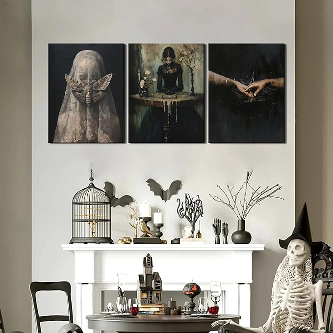 Dark Academia Wall Art, Moody Gothic Victorian Canvas Wall Decor Painting, Vintage Creepy Aesthetic Artwork Poster Prints Pictures for Living Room Bedroom 12x16 Inch Framed