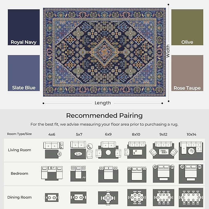 Kokia 9x12 Area Rugs for Living Room, Machine Washable Low Pile Rug, Non Slip Backing Boho Rugs for Bedroom, Printed Soft Vintage Carpet Navy Blue Green 9 x 12
