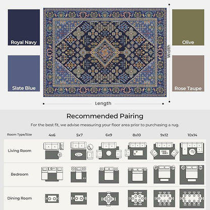 Kokia 9x12 Area Rugs for Living Room, Machine Washable Low Pile Rug, Non Slip Backing Boho Rugs for Bedroom, Printed Soft Vintage Carpet Navy Blue Green 9 x 12