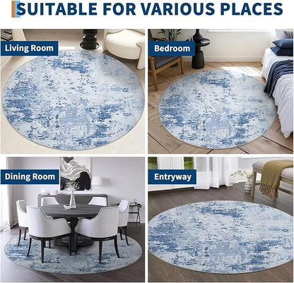 ROYHOME Modern Abstract 8x8 Round Area Rug Non Slip Non Shedding Rug Low Pile Stain Resistant for Bedroom Living Room Office Dining Room,Light Blue