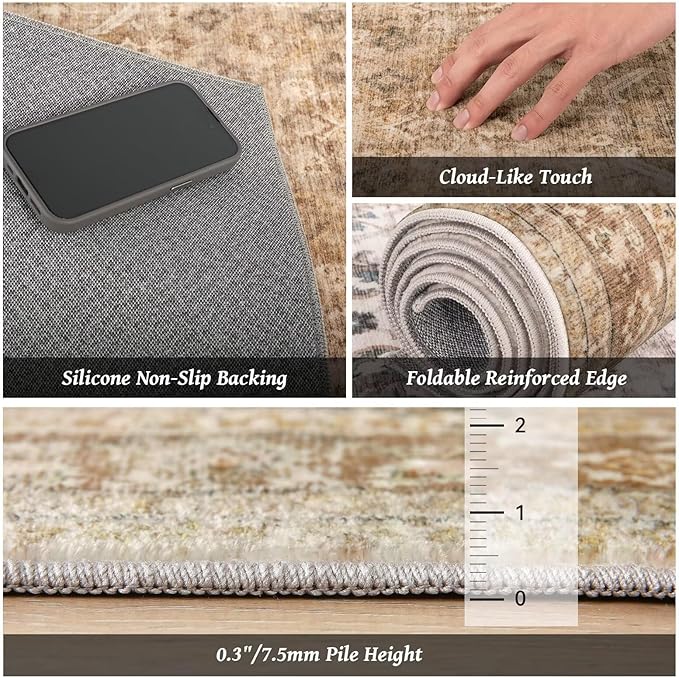 Washable 2x3 Entryway Rug, Boho Non-Slip Door Mat Vintage Distress Small Rugs for Kitchen Nursery Office Bedroom, 0.3" Neutral Oriental Throw Carpet with Cushioning Pad, Brown/Multi, C1