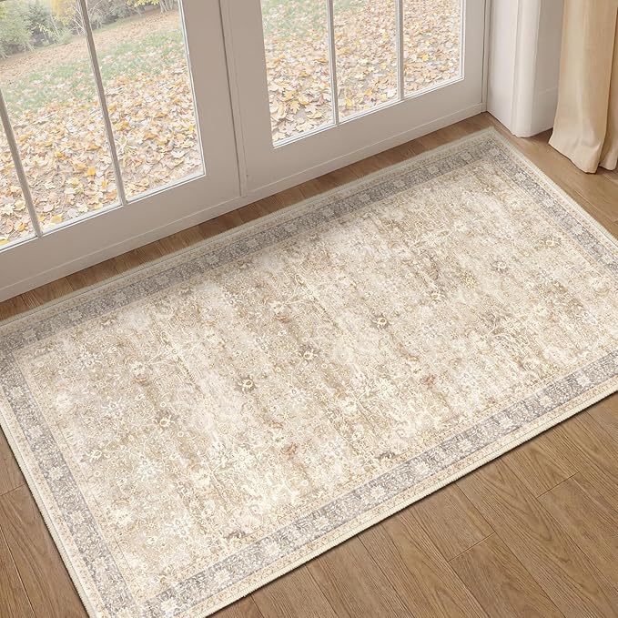 Neutral 2x4 Entryway Rug, Vintage Earth Tone Door Mat Indoor Entrance Entry Way, Washable Non Slip Low Pile Thin Small Runner Rug for Kitchen Floor Sink Area Bathroom Bedside, Beige Taupe