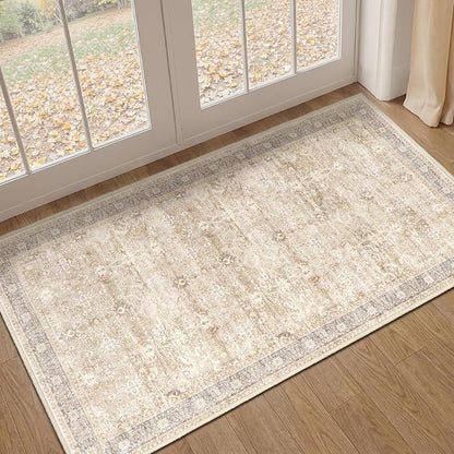 Neutral 2x4 Entryway Rug, Vintage Earth Tone Door Mat Indoor Entrance Entry Way, Washable Non Slip Low Pile Thin Small Runner Rug for Kitchen Floor Sink Area Bathroom Bedside, Beige Taupe