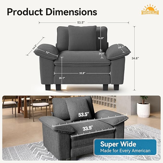 SUNSHINE VALLEY 53.5'' Oversized Accent Chair, Corduroy Single Seat Modular Sofa Chair with Wider Armrest and Pillow, Modern Cloud Deep Seat Armchair for Bedroom Living Room, Grey