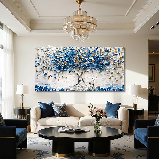 imjiayu Oversized Wall Art, Tree of Life Wall Art, Abstract Art Wall Decor, Blue and White Money Tree Canvas Prints, Modern Extra Large Pictures for Living Room Dining Room Office Hotel 29"x57"