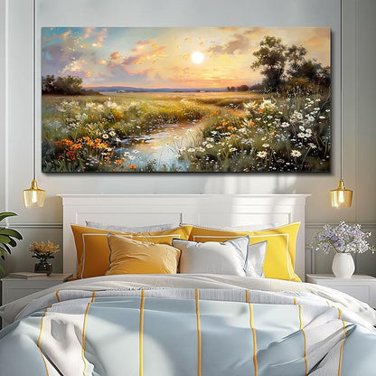 hyidecorart Large Canvas Wall Art for Living Room Wall Decor Bedroom Vintage Farmhouse Wildflower Wall Painting Office Decorations Nature Landscape Picture Artwork Aesthetic Home Decor Ready To Hang