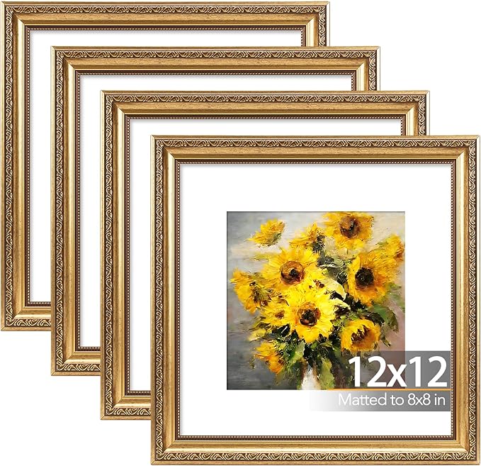 JCJMY 12x12 Vintage Picture Frame with 8x8 Mat Set of 4, Elegant Retro 12 by 12 Photo Frame with Shatter-Resistant Plexiglass for Wall Hanging, Gallery Decor & Gift, Gold, 4 Pack