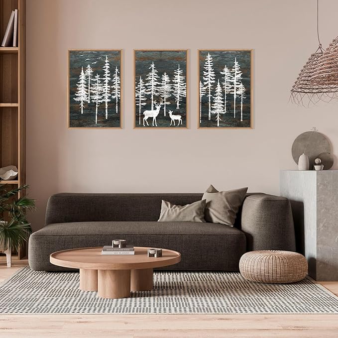 Modern White Forest Framed Canvas Wall Art Set, Minimalist Woodland Art Painting, Retro Tree Landscape Wall Decor, Wildland Deer Artwork for Living Room, Dining Room, Office-24 x36 x3
