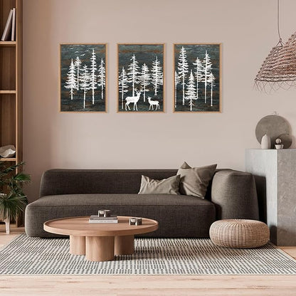 Modern White Forest Framed Canvas Wall Art Set, Minimalist Woodland Art Painting, Retro Tree Landscape Wall Decor, Wildland Deer Artwork for Living Room, Dining Room, Office-24 x36 x3