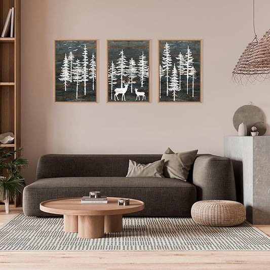 Modern White Forest Framed Canvas Wall Art Set, Minimalist Woodland Art Painting, Retro Tree Landscape Wall Decor, Wildland Deer Artwork for Living Room, Dining Room, Office-24 x36 x3