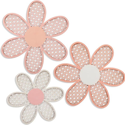 Maitys 3 Pieces Boho Daisy Wall Decor Natural Rattan Flower Wall Hanging Art Wooden Boho Art Nursery Flowers Farmhouse Hanging Decor for Home Office Nursery(Rustic Color)