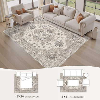 EIEIHOUSE Washable Area Rugs for Living Room -8x11 Neutral Vintage Distressed Floral Farmhouse Boho Large Soft Floor Rug Indoor Non Slip Carpet for Living Room Bedroom Dining Room Office-Brown/Beige
