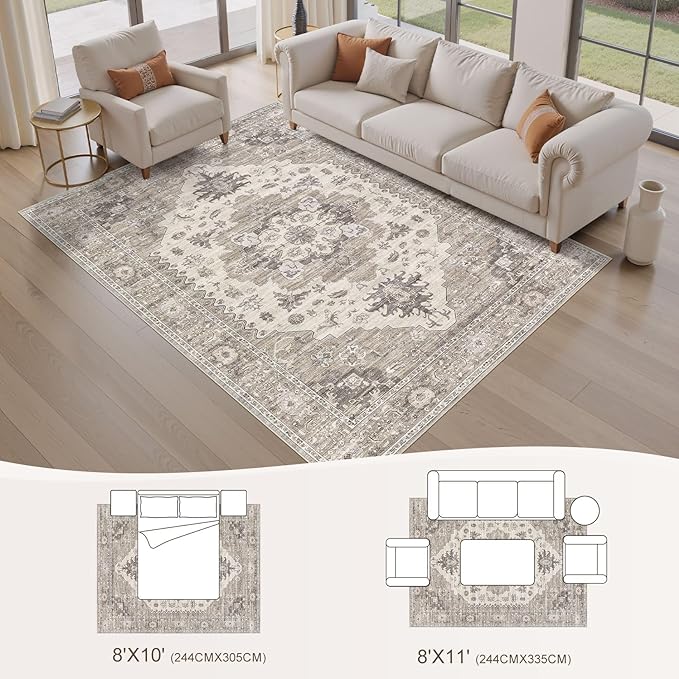 EIEIHOUSE Washable Area Rugs for Living Room -8x10 Neutral Vintage Distressed Floral Farmhouse Boho Large Soft Floor Rug Indoor Non Slip Carpet for Living Room Bedroom Dining Room Office-Brown/Beige