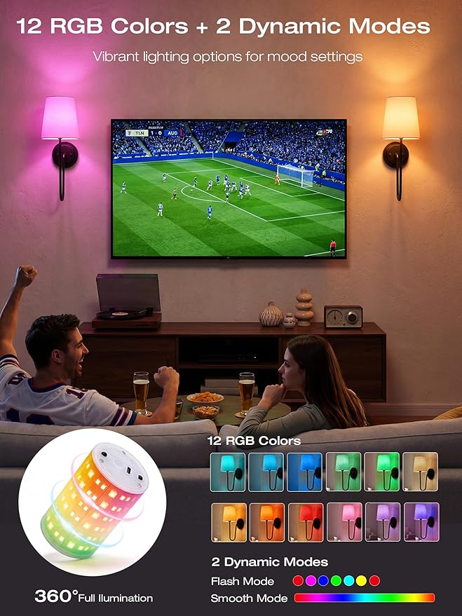 CLOUDY BAY 10000mAh Battery Operated Wall Sconces,Up to 100 Hours with Rechargeable RGB Dimmable Magnetic Bulb,Cordless Wall Lighting Fixtures with Remote for Bedroom,Black,2 Pack-15.4in
