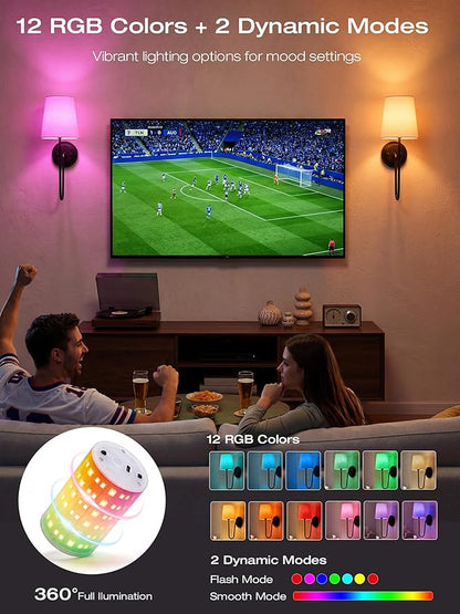 CLOUDY BAY 10000mAh Battery Operated Wall Sconces,Up to 100 Hours with Rechargeable RGB Dimmable Magnetic Bulb,Cordless Wall Lighting Fixtures with Remote for Bedroom,Black,2 Pack-15.4in