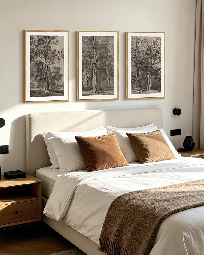 PHOPAGO Vintage Tree Framed Wall Art Large 16x24in Retro Forest Wall Decor Nature Wilderness Sketch Paints Modern Bedroom Living Room Decor - Natural Framed