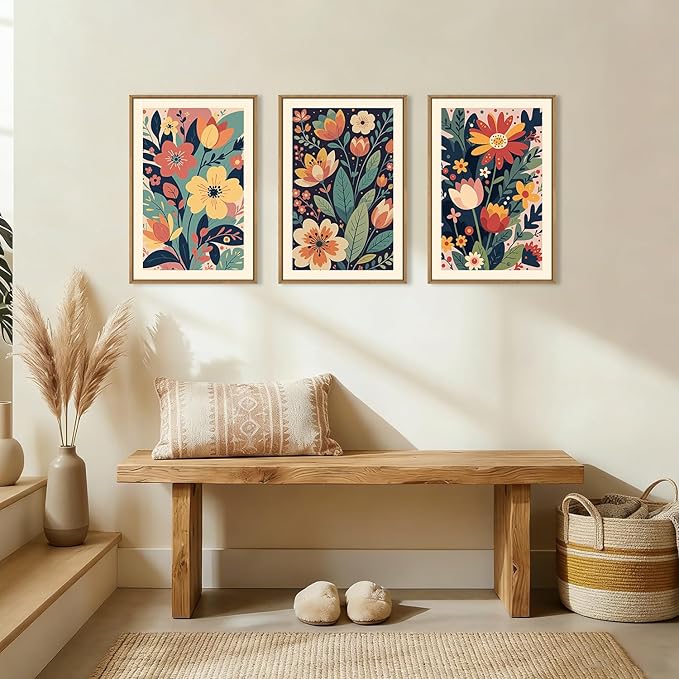 KAIRNE Vintage Colorful Floral Framed Canvas Wall Art Set,Mid Century Modern Flower Wall Decor,Retro Wildflower Art Prints,Boho Botanical Artwork for Living Room,Bedroom,Farmhouse,Office-16 x24 x3